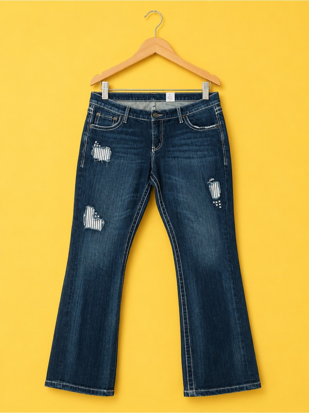 Cruel Women's Dark Blue Flare Jeans with Distressed Patch Detail 33/15R